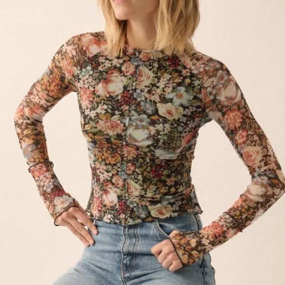 Promesa Autumn Blossoms Floral Mesh Mock-Neck Top Size Medium - Picture 1 of 9